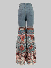 Load image into Gallery viewer, Flared Pants Floral Printed High-Waisted Pockets Denim Jean Pants Bottoms: BLUE /