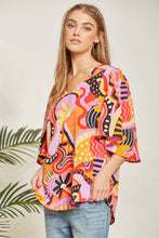 Load image into Gallery viewer, Print Flare Sleeve Blouse: Magenta Multi-SALE