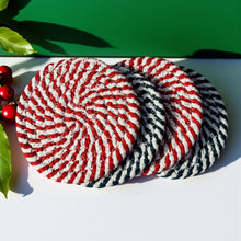 Load image into Gallery viewer, Candy cane Coasters, Red White Christmas Coaster Set: Red-4pk
