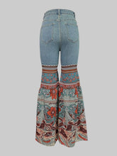 Load image into Gallery viewer, Flared Pants Floral Printed High-Waisted Pockets Denim Jean Pants Bottoms: BLUE /