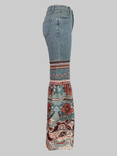 Load image into Gallery viewer, Flared Pants Floral Printed High-Waisted Pockets Denim Jean Pants Bottoms: BLUE /