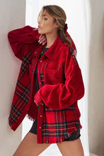 Load image into Gallery viewer, FRAYED CORDUROY/PLAID COLORBLOCK COLLARED JACKET: Red