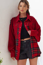 Load image into Gallery viewer, FRAYED CORDUROY/PLAID COLORBLOCK COLLARED JACKET: Red