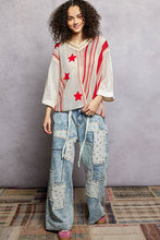 Load image into Gallery viewer, V-Neck Half Sleeve Stripe Sweater Top Star Patch Band Trim