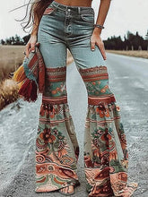 Load image into Gallery viewer, Flared Pants Floral Printed High-Waisted Pockets Denim Jean Pants Bottoms: BLUE /