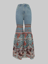 Load image into Gallery viewer, Flared Pants Floral Printed High-Waisted Pockets Denim Jean Pants Bottoms: BLUE /