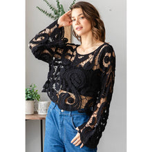 Load image into Gallery viewer, See Through Crochet Top with long bell sleeves : Black
