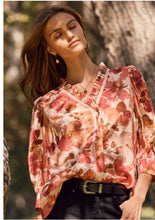 Load image into Gallery viewer, Crinkled Floral blouse with ruffle collar in rust