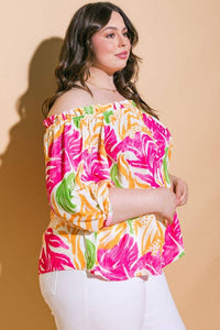 PLUS A printed woven top - FUCHSIA ORANGE / Plus Size