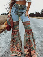 Load image into Gallery viewer, Flared Pants Floral Printed High-Waisted Pockets Denim Jean Pants Bottoms: BLUE /
