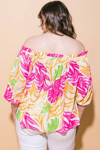 PLUS A printed woven top - FUCHSIA ORANGE / Plus Size