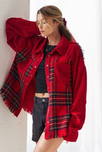 Load image into Gallery viewer, FRAYED CORDUROY/PLAID COLORBLOCK COLLARED JACKET: Red
