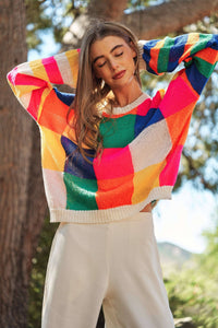 PLUS LIGHT WEIGHT CHECKERBOARD PULLOVER SWEATER: NEON MULTI