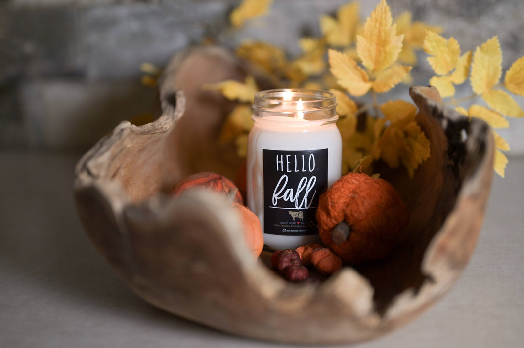Hello Fall candle scent in 13 oz mason jars