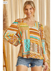 Aztec Inspired Blouse With V neckline with ruffle on the shoulder-SALE
