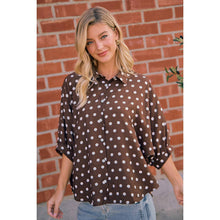 Load image into Gallery viewer, BiBi - POLKA DOT PRINTED WOVEN DOLMAN BLOUSE TOP: DK MOCHA/IVORY / XL
