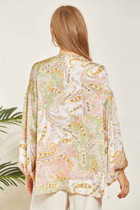 Print Button Up Blouse With Long Puffy Sleeves: Sage Blush-SALE