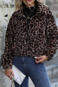 Fall Winter Brown Leopard Fleece Zipper Coat SR078: Brown