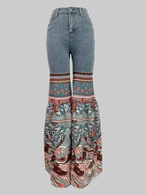 Load image into Gallery viewer, Flared Pants Floral Printed High-Waisted Pockets Denim Jean Pants Bottoms: BLUE /
