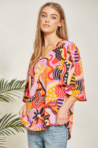 Print Flare Sleeve Blouse: Magenta Multi-SALE