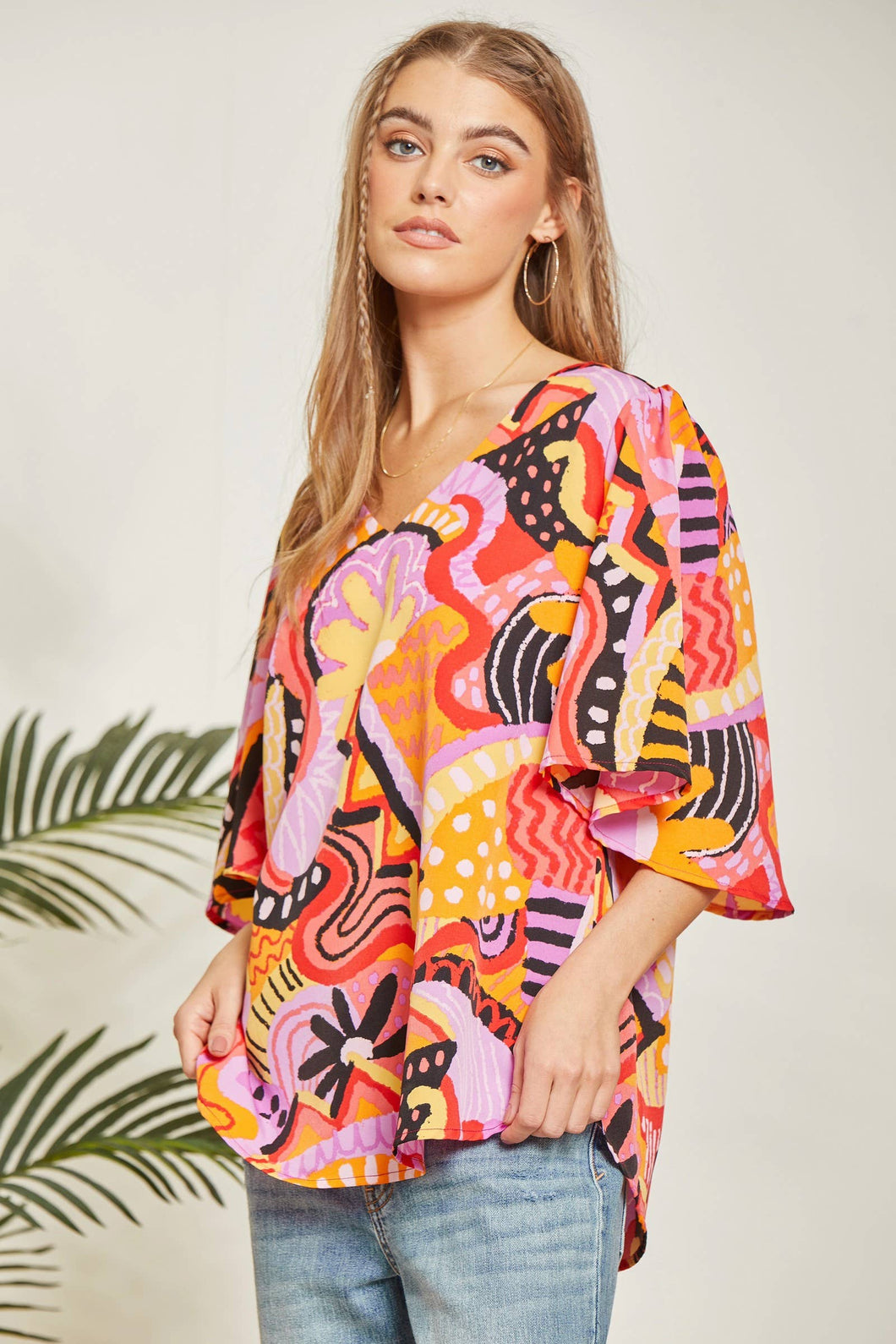 Print Flare Sleeve Blouse: Magenta Multi-SALE