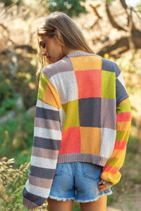 PLUS LIGHT WEIGHT CHECKERBOARD PULLOVER SWEATER: NEON MULTI