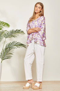 Paisley Print Satin Pleated Blouse: Lilac-SALE