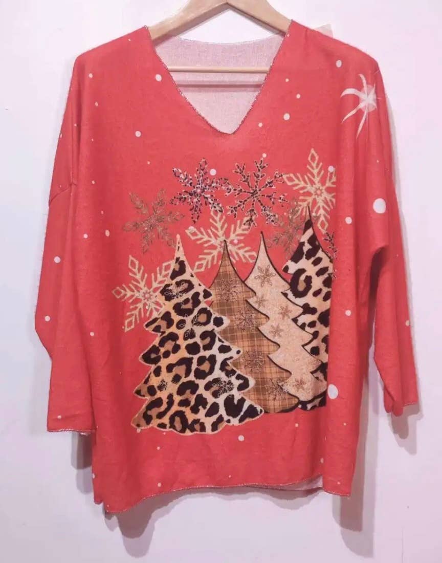 Italian Cozy Red  Trees Sweater One Size LOOWIE