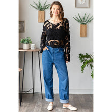 Load image into Gallery viewer, See Through Crochet Top with long bell sleeves : Black
