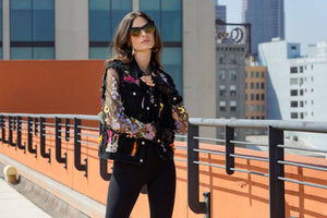 Black Denim Lace Jacket with Floral Embroidery: Black