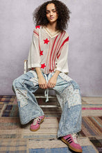 Load image into Gallery viewer, V-Neck Half Sleeve Stripe Sweater Top Star Patch Band Trim
