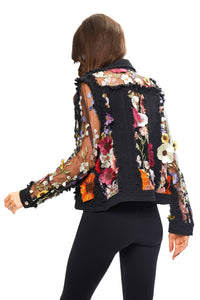 Black Denim Lace Jacket with Floral Embroidery: Black