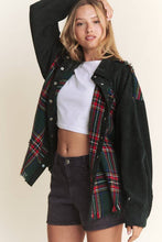 Load image into Gallery viewer, FRAYED CORDUROY/PLAID COLORBLOCK COLLARED JACKET: Red
