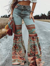 Load image into Gallery viewer, Flared Pants Floral Printed High-Waisted Pockets Denim Jean Pants Bottoms: BLUE /
