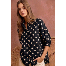 Load image into Gallery viewer, POLKA DOT PRINTED WOVEN DOLMAN BLOUSE TOP: DK MOCHA/IVORY / S
