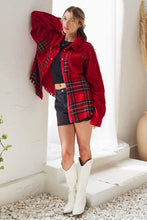 Load image into Gallery viewer, FRAYED CORDUROY/PLAID COLORBLOCK COLLARED JACKET: Red
