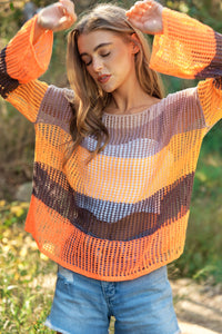 STRIPED WIDE OPENING SLEEVE PULLOVER COVER UP TOP: Beige Multi-SALE