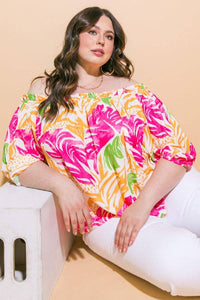 PLUS A printed woven top - FUCHSIA ORANGE / Plus Size-SALE