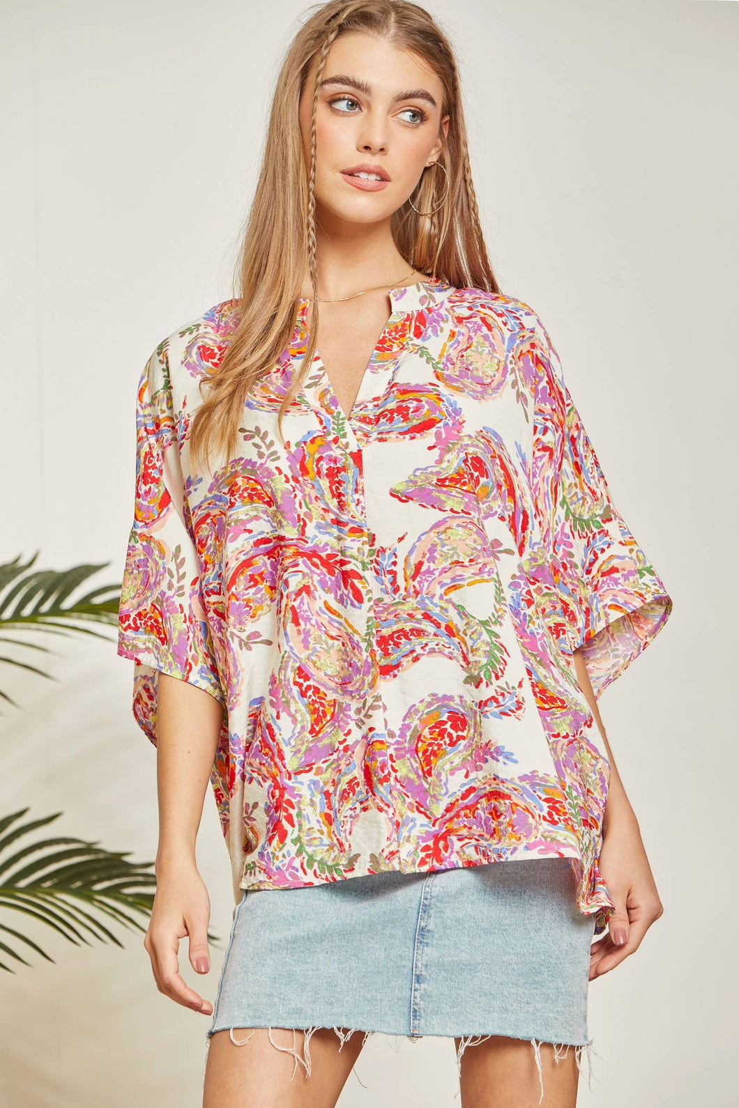 Floral Print Poncho-Like Tunic Top: Multi-Colored-SALE