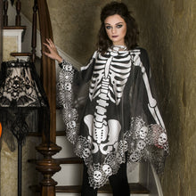 Load image into Gallery viewer, Skeleton 60x60 Pewter Lace Halloween Poncho Costume
