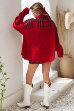 Load image into Gallery viewer, FRAYED CORDUROY/PLAID COLORBLOCK COLLARED JACKET: Red
