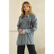 Load image into Gallery viewer, ZIP FRONT PIECED EYELET BUTTON DOWN SHIRT: WASHED BLUE
