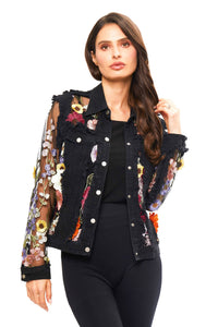 Black Denim Lace Jacket with Floral Embroidery: Black