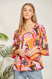 Print Flare Sleeve Blouse: Magenta Multi-SALE