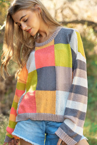 PLUS LIGHT WEIGHT CHECKERBOARD PULLOVER SWEATER: Beige Multi