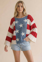 Load image into Gallery viewer, Haptics - Plus Long Sleeve Star and Stripe Crochet Sweater: Red/White/Blue / 3X
