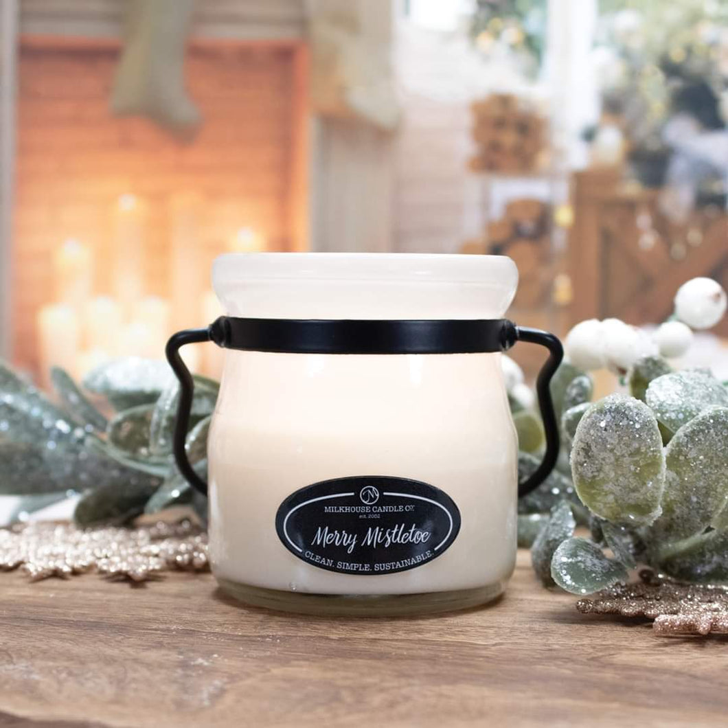 Merry Mistletoe scent in 16oz candle in Buttery creamery jar