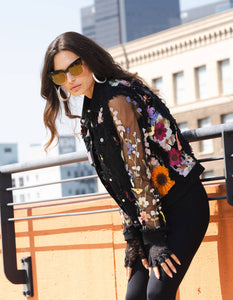 Black Denim Lace Jacket with Floral Embroidery: Black