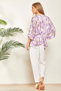 Paisley Print Satin Pleated Blouse: Lilac-SALE