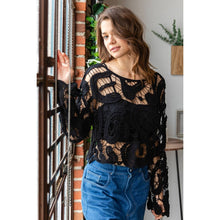 Load image into Gallery viewer, See Through Crochet Top with long bell sleeves : Black
